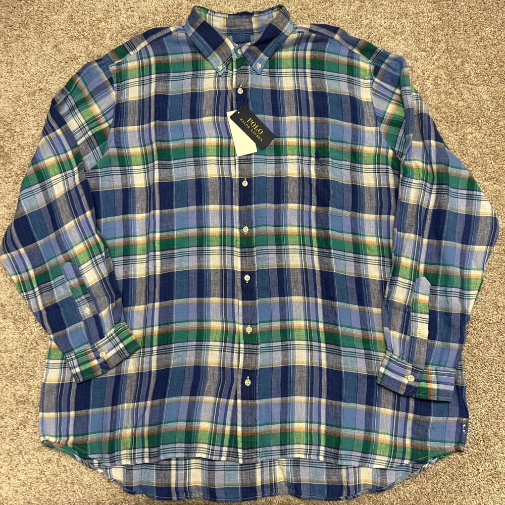 NWT Polo Ralph Lauren‎ Button Down Plaid Linen Shirt Men Size 2XB Blue Green